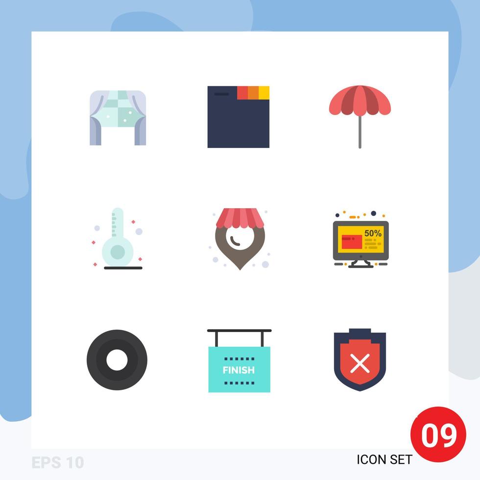 9 universelle flache Farbzeichen Symbole der Supermarktstandort Regenschirm Urlaub Sommer editierbare Vektordesign-Elemente vektor