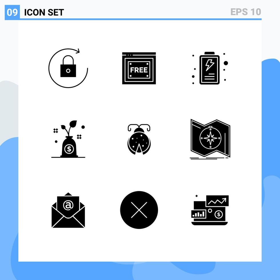 9 solides Glyphenpaket der Benutzeroberfläche mit modernen Zeichen und Symbolen der Richtung Marienkäfer-Schnittstelle Bug-Investition editierbare Vektordesign-Elemente vektor