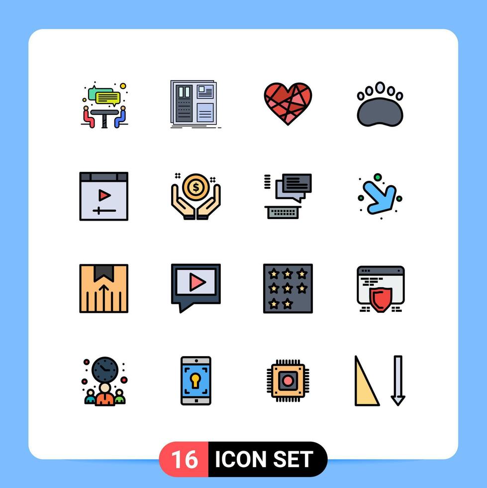 Gruppe von 16 flachen, farbgefüllten Linien Zeichen und Symbole für Computer-Fußabdruck Herz Kupplungen Geschenk editierbare kreative Vektordesign-Elemente vektor