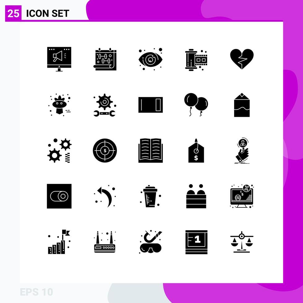 Gruppe von 25 soliden Glyphen Zeichen und Symbolen für Liebesrolle Augenfoto Kino editierbare Vektordesign-Elemente vektor