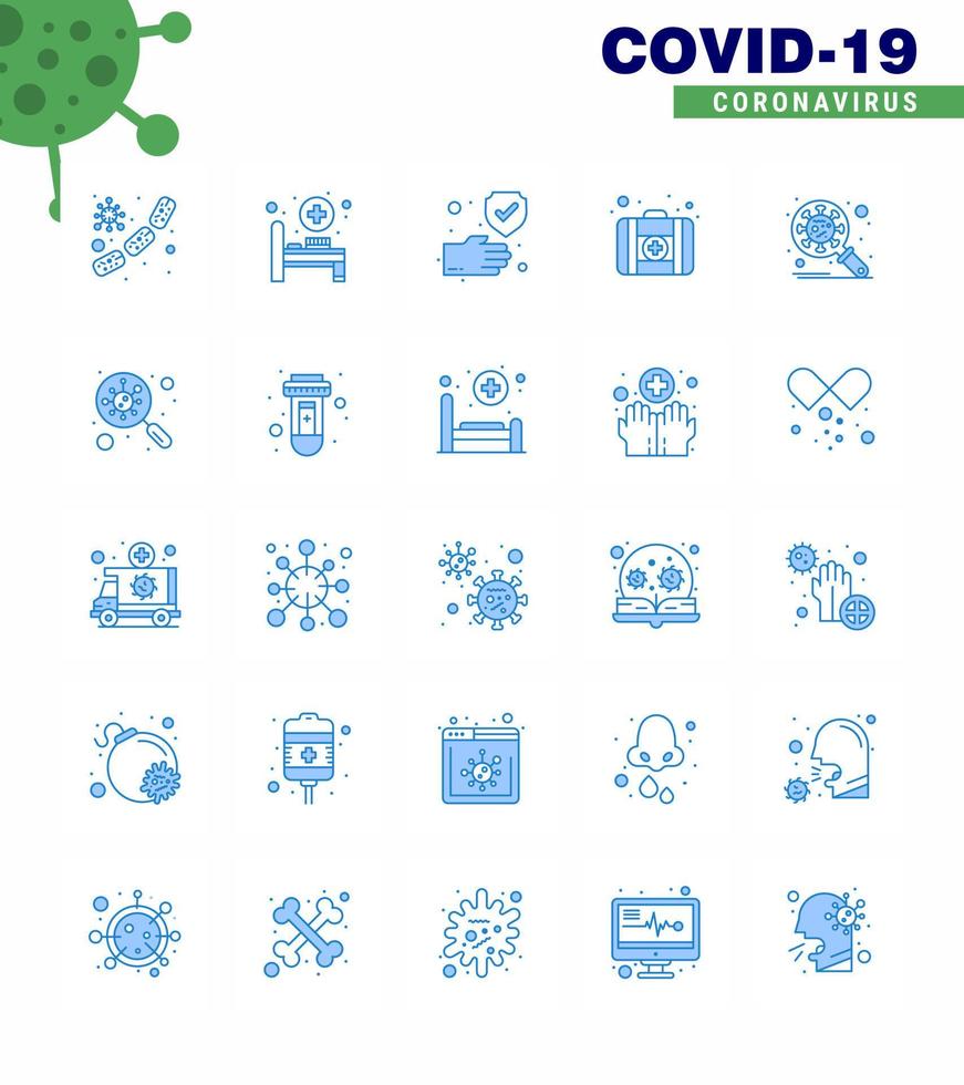 25 Coronavirus-Notfall-Iconset blaues Design wie Schutzbakterien saubere Medizin Erste Hilfe Virus-Coronavirus 2019nov-Krankheitsvektor-Designelemente vektor