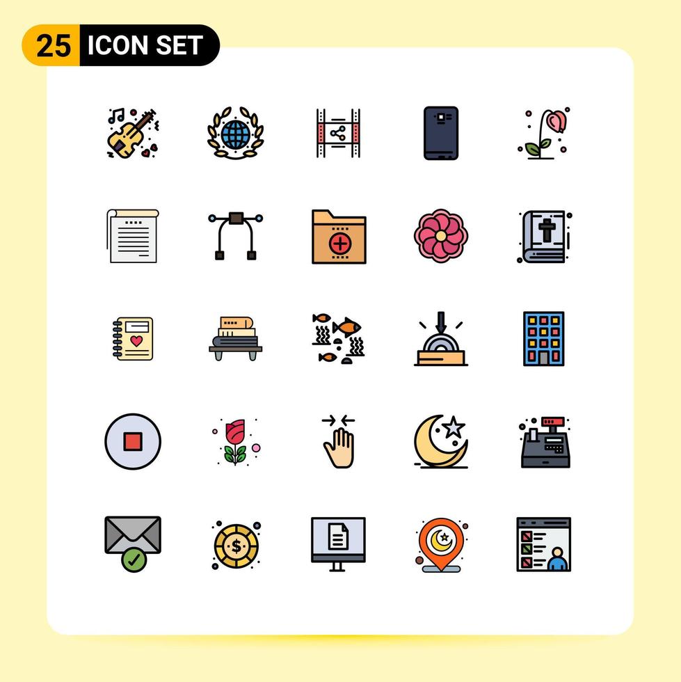 Gruppe von 25 modernen, gefüllten Linien-Flachfarben, die für die mobile Verteilung von Smartphones eingestellt sind, teilen editierbare Vektordesign-Elemente vektor