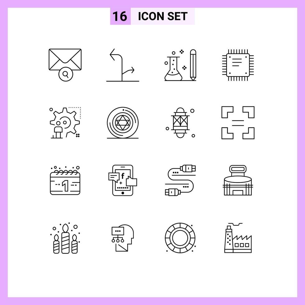 Umrisspaket mit 16 universellen Symbolen zum Einstellen von Motherboard-Informationen, CPU-Chip, editierbare Vektordesign-Elemente vektor