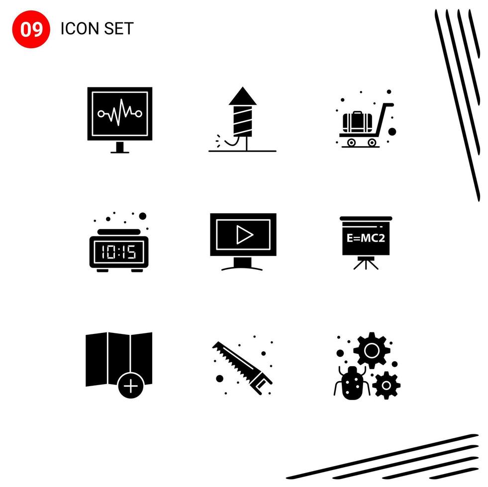 Solides Glyphenpaket mit 9 universellen Symbolen für bearbeitbare Vektordesignelemente für Videomonitor-Flughafen-Stechuhren vektor