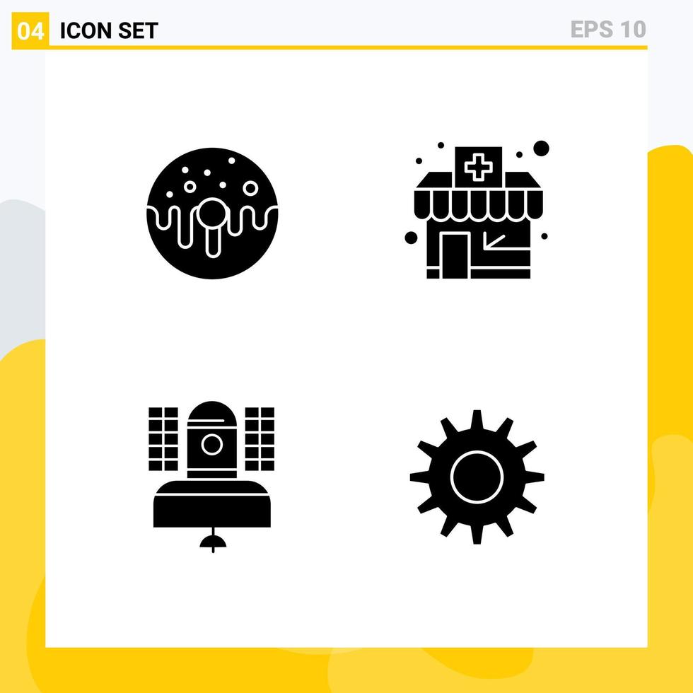 Packung mit 4 modernen soliden Glyphen Zeichen und Symbolen für Web-Printmedien wie Dessert Broadcast Food Drogerie Kommunikation editierbare Vektordesign-Elemente vektor