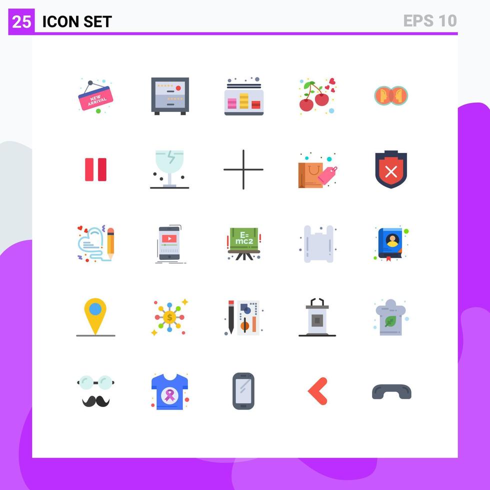 modern uppsättning av 25 platt färger pictograph av ansikte mat kontrollera körsbär hjärta redigerbar vektor design element
