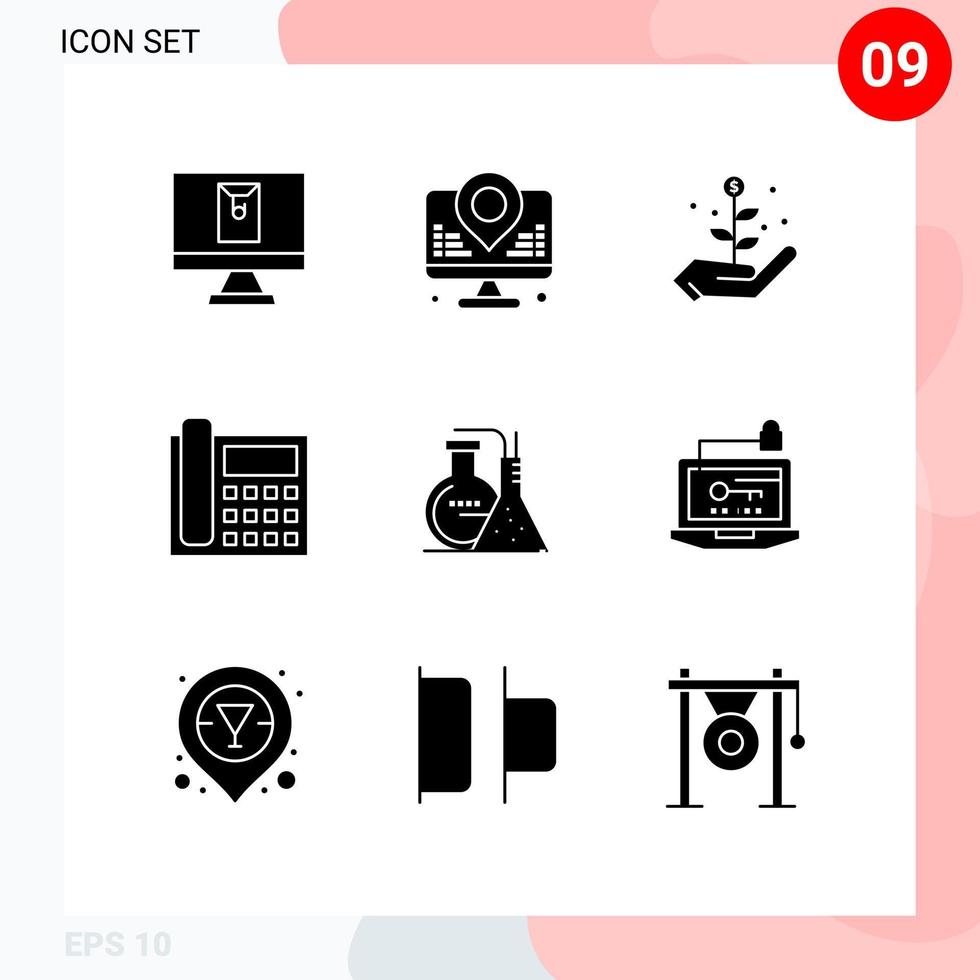 grupp av 9 fast glyfer tecken och symboler för labb kemikalier investering konversation Kontakt redigerbar vektor design element