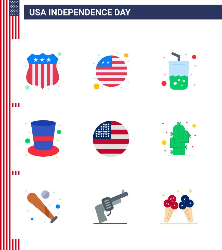 Lycklig oberoende dag packa av 9 flats tecken och symboler för USA flagga sommar amerikan hatt redigerbar USA dag vektor design element