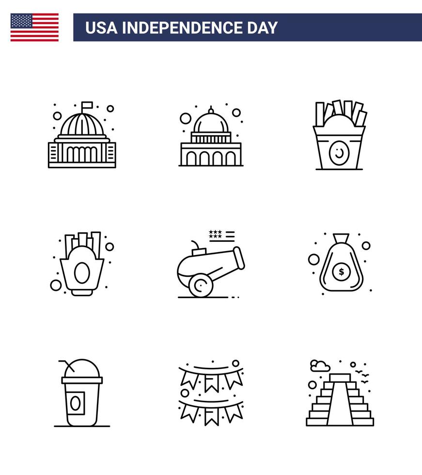 packa av 9 USA oberoende dag firande rader tecken och 4:e juli symboler sådan som stor pistol frites Wisconsin franska frites USA redigerbar USA dag vektor design element