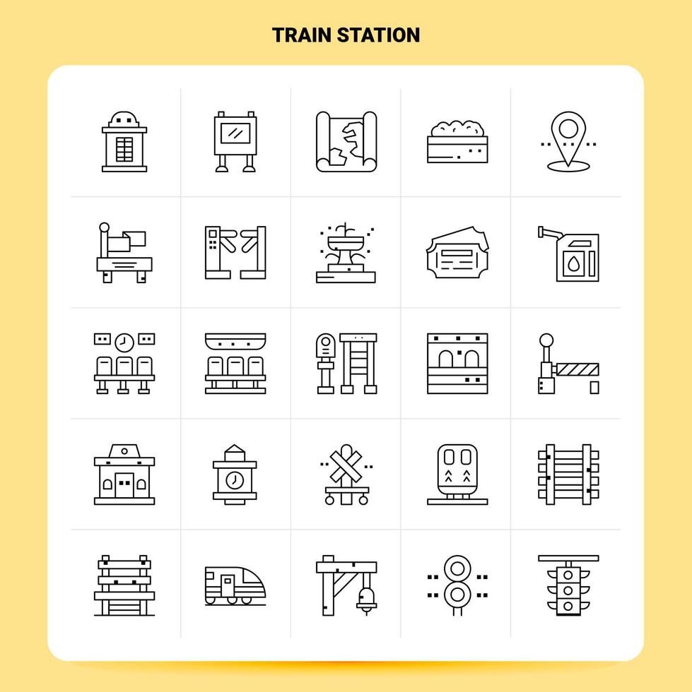 översikt 25 tåg station ikon uppsättning vektor linje stil design svart ikoner uppsättning linjär piktogram packa webb och mobil företag idéer design vektor illustration