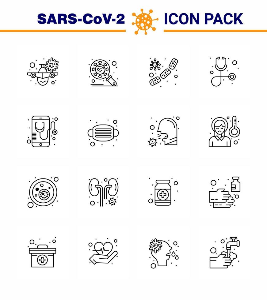 16-zeiliges Virus-Corona-Icon-Pack wie Stethoskop-Diagnose-Sicherheits-Blutmikroben-Viren-Coronavirus 2019nov-Krankheitsvektor-Designelemente vektor