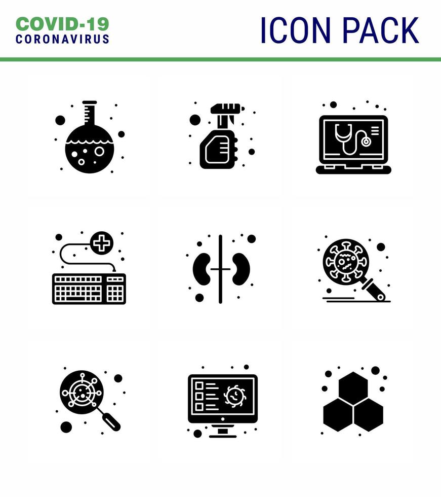 9 solide Glyphen-schwarze Reihe von Corona-Virus-Epidemie-Symbolen wie Survice-Online-Virus-Tastaturdienst Virales Coronavirus 2019nov-Krankheitsvektor-Designelemente vektor