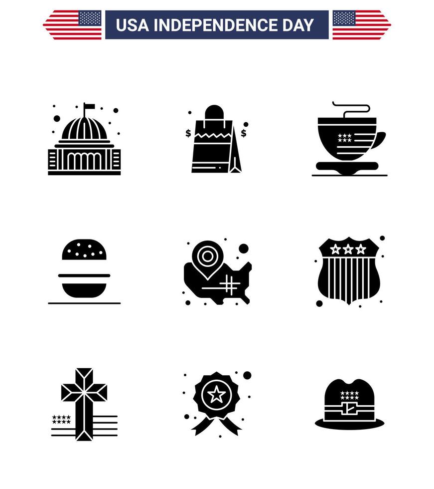 Solide Glyphenpackung mit 9 USA-Unabhängigkeitstag-Symbolen der Staaten USA American American Burger editierbare USA-Tag-Vektordesign-Elemente vektor