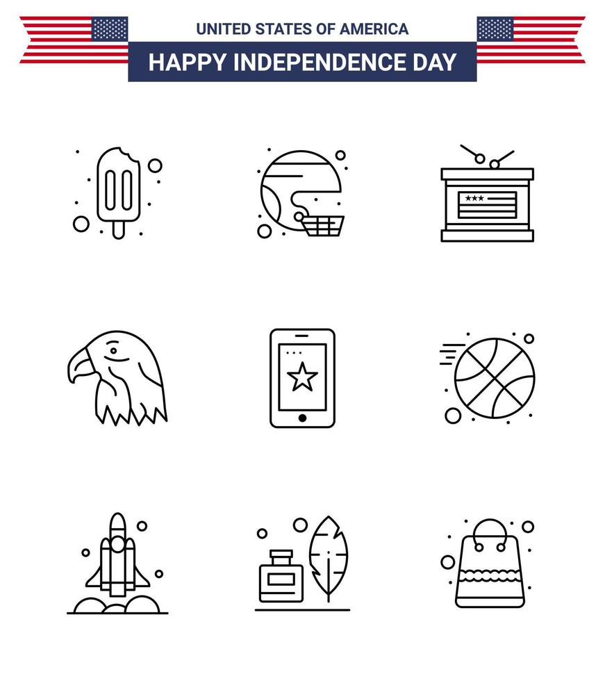 Happy Independence Day Pack mit 9 Zeilen Zeichen und Symbolen für Mobile Eagle United Bird Independence Day editierbare Usa-Tag-Vektordesign-Elemente vektor