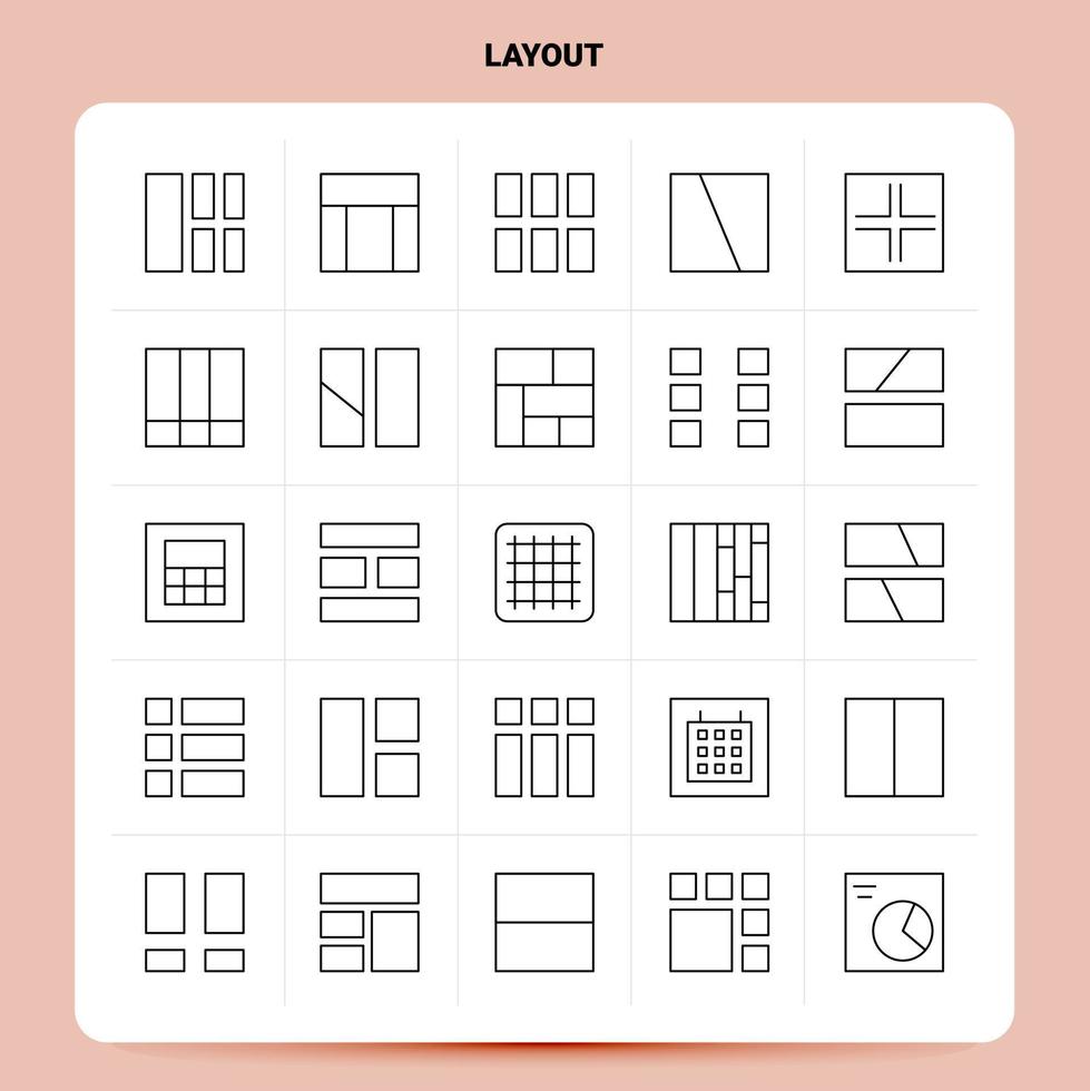 Umriss 25 Layout Icon Set Vektor Line Style Design Schwarze Icons Set Linear Piktogramm Pack Web und mobile Geschäftsideen Design Vektor Illustration