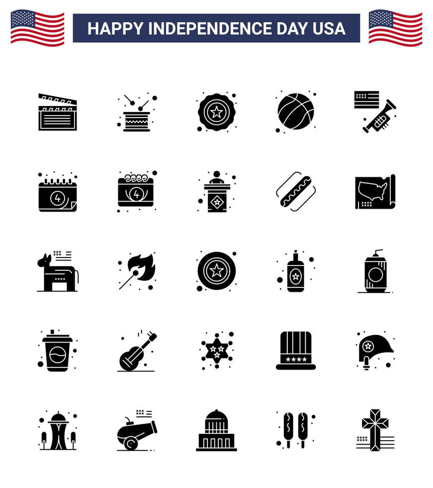 Solide Glyphenpackung mit 25 Symbolen für den Unabhängigkeitstag der USA von Lautsprechern USA-Unabhängigkeitsfußball Amerikaner editierbare USA-Tag-Vektor-Designelemente vektor