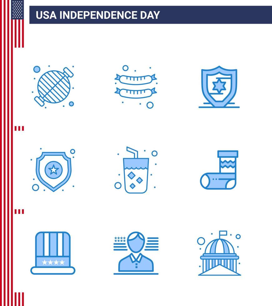 Usa Happy Independence Day Piktogramm Set aus 9 einfachen Blues von Saft Alkohol amerikanische Zeichen Polizei editierbare Usa Day Vektor Design Elemente