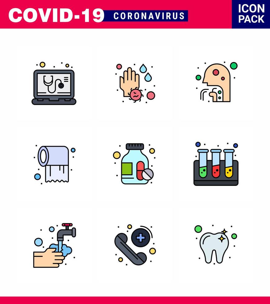 9 gefüllte Linie flache Farbe Coronavirus Krankheit und Prävention Vektorsymbol Medikamente Gewebe Husten Roll Hals virales Coronavirus 2019nov Krankheitsvektor Designelemente vektor