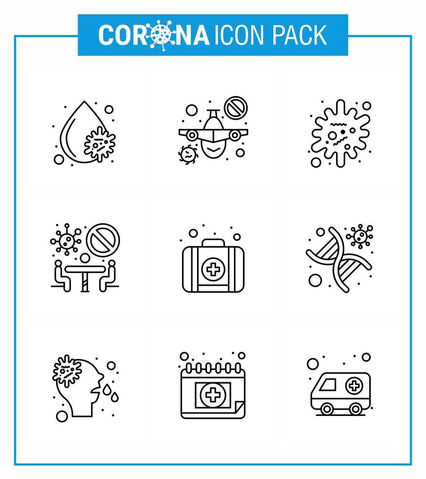 9-zeiliges Coronavirus-Covid19-Icon-Pack wie Kit-Team-Antigen treffen verbotene virale Coronavirus-2019nov-Krankheitsvektor-Designelemente vektor