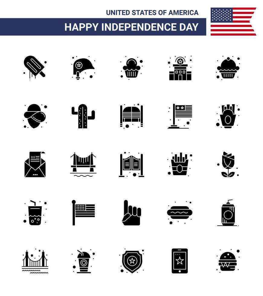 4:e juli USA Lycklig oberoende dag ikon symboler grupp av 25 modern fast glyf av efterrätt polis tecken kaka station byggnad redigerbar USA dag vektor design element