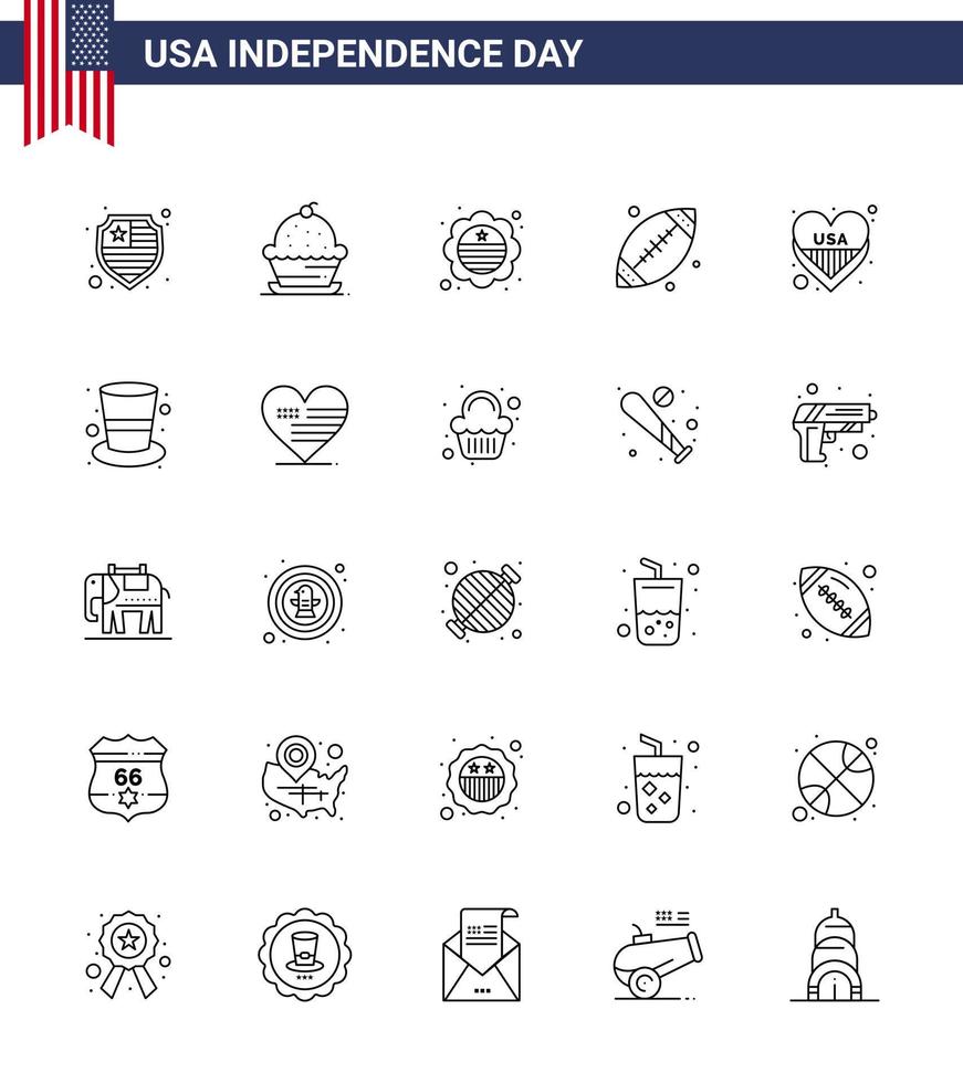 Lycklig oberoende dag 4:e juli uppsättning av 25 rader amerikan pictograph av hjärta USA Land sport boll redigerbar USA dag vektor design element