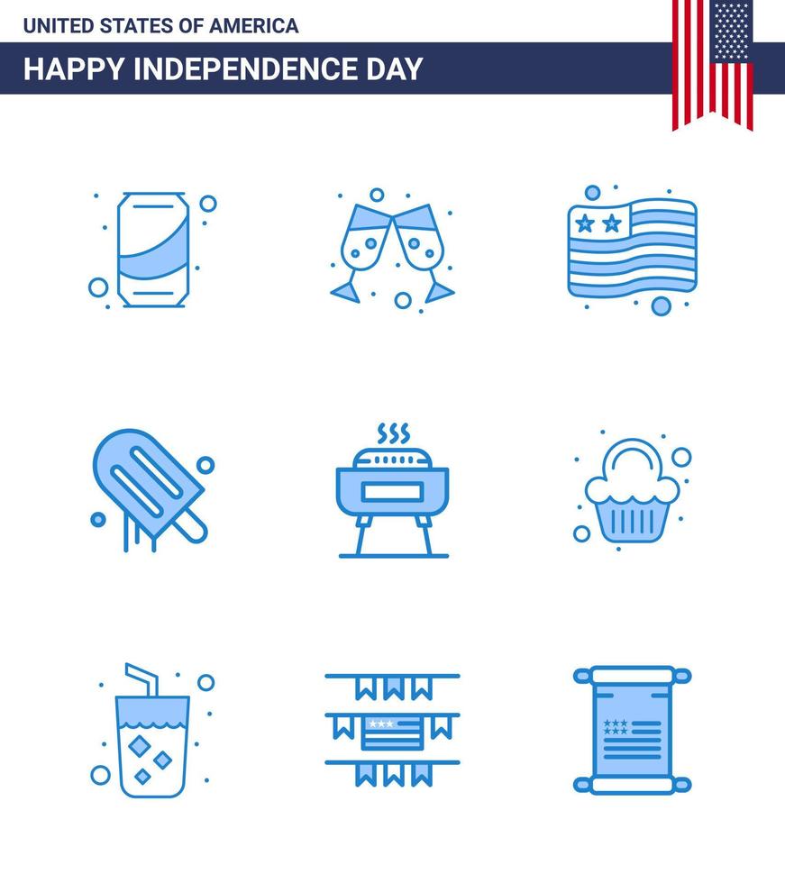 Usa Happy Independence DayPiktogrammsatz von 9 einfachen Blautönen der Feiertagsfeier Flaggengrill amerikanische editierbare Usa-Tag-Vektordesign-Elemente vektor