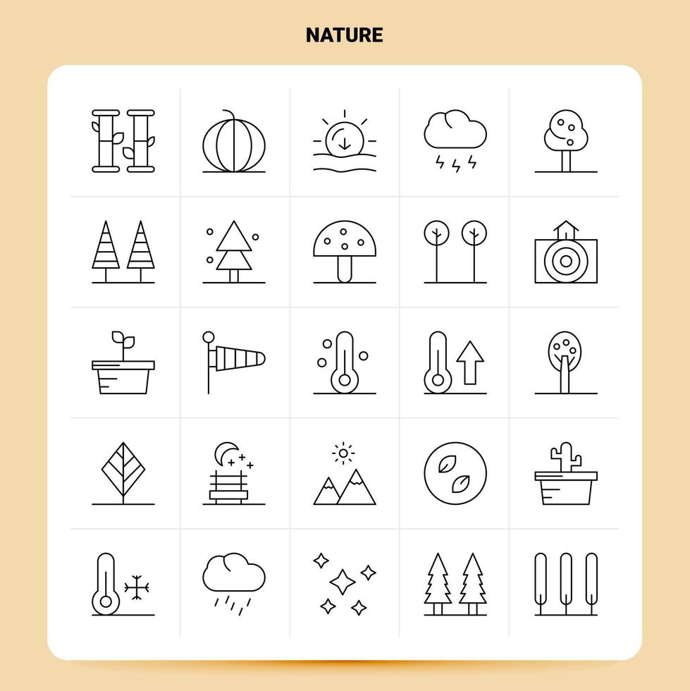 Umriss 25 Natur Icon Set Vektor Linienstil Design schwarze Icons Set lineares Piktogramm Pack Web und mobile Geschäftsideen Design Vektor Illustration