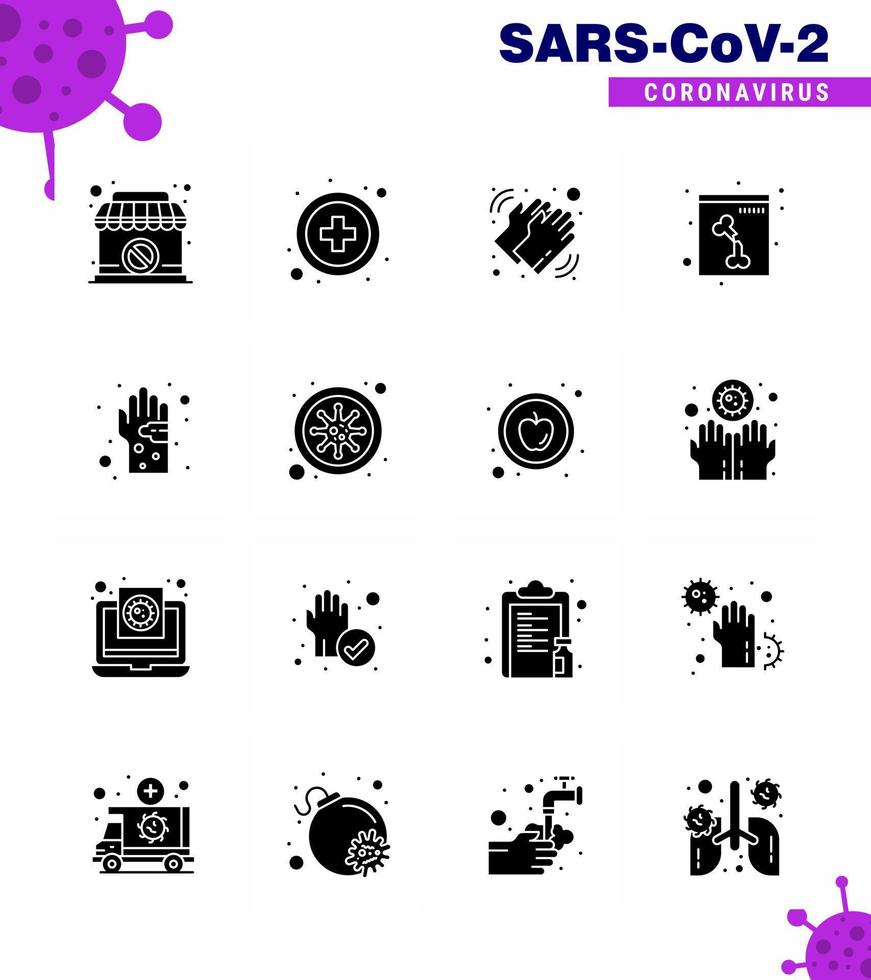 covid19-symbolsatz für infografik 16 solide glyphe schwarze packung wie keim bakterielles medizinisches röntgen knochen virales coronavirus 2019nov krankheitsvektor designelemente vektor