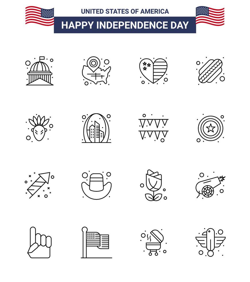 Stock Vektor Icon Pack von American Day 16 Zeilenzeichen und Symbolen für American Hotdog Wisconsin American Flag editierbare Usa Day Vektor Design Elemente