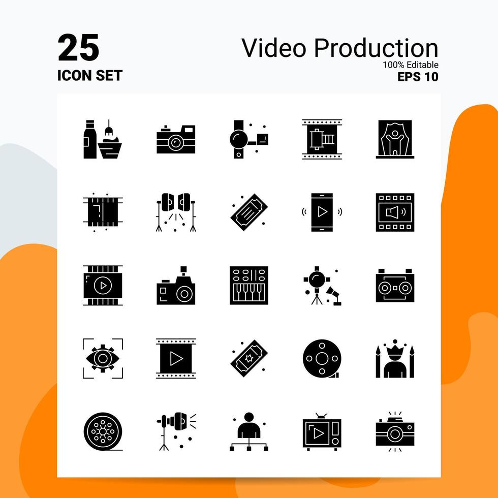 25 Videoproduktions-Icon-Set 100 bearbeitbare eps 10 Dateien Geschäftslogo-Konzeptideen solides Glyphen-Icon-Design vektor