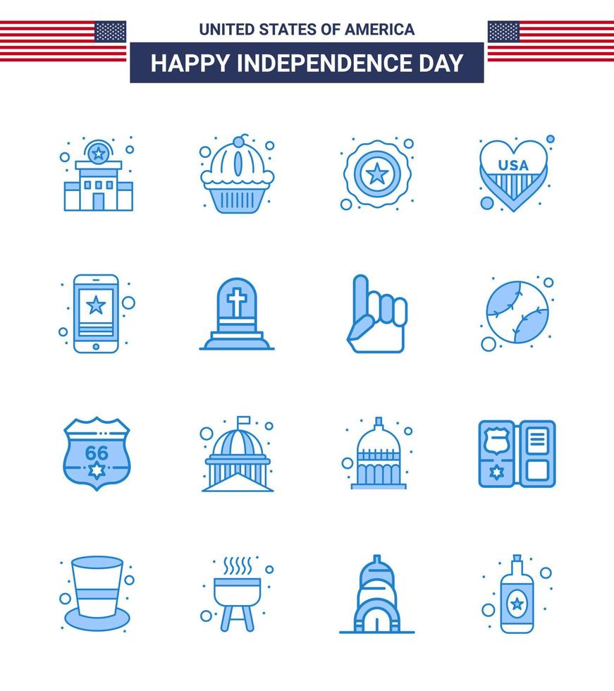 4:e juli USA Lycklig oberoende dag ikon symboler grupp av 16 modern blues av smart telefon cell polis USA hjärta redigerbar USA dag vektor design element