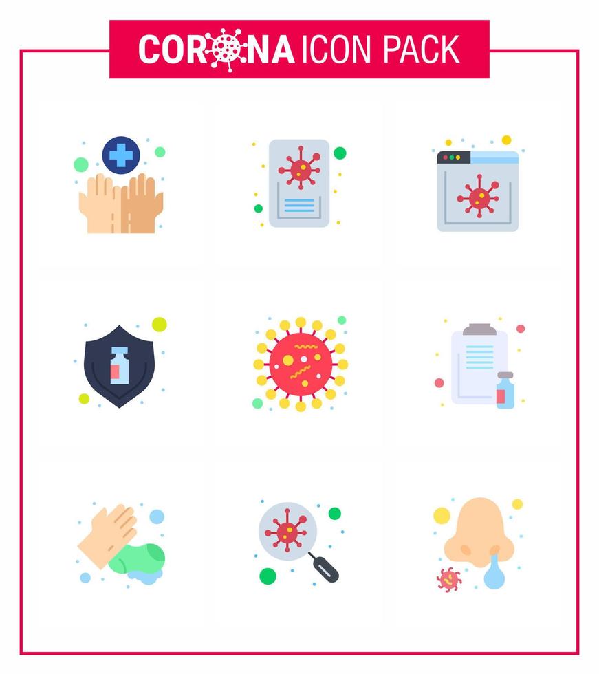 Corona-Virus-Prävention covid19 Tipps zur Vermeidung von Verletzungen 9 flaches Farbsymbol zur Präsentation Covid-Bakterien Nachrichten Flaschenimpfstoff Virus-Coronavirus 2019nov-Krankheitsvektor-Designelemente vektor