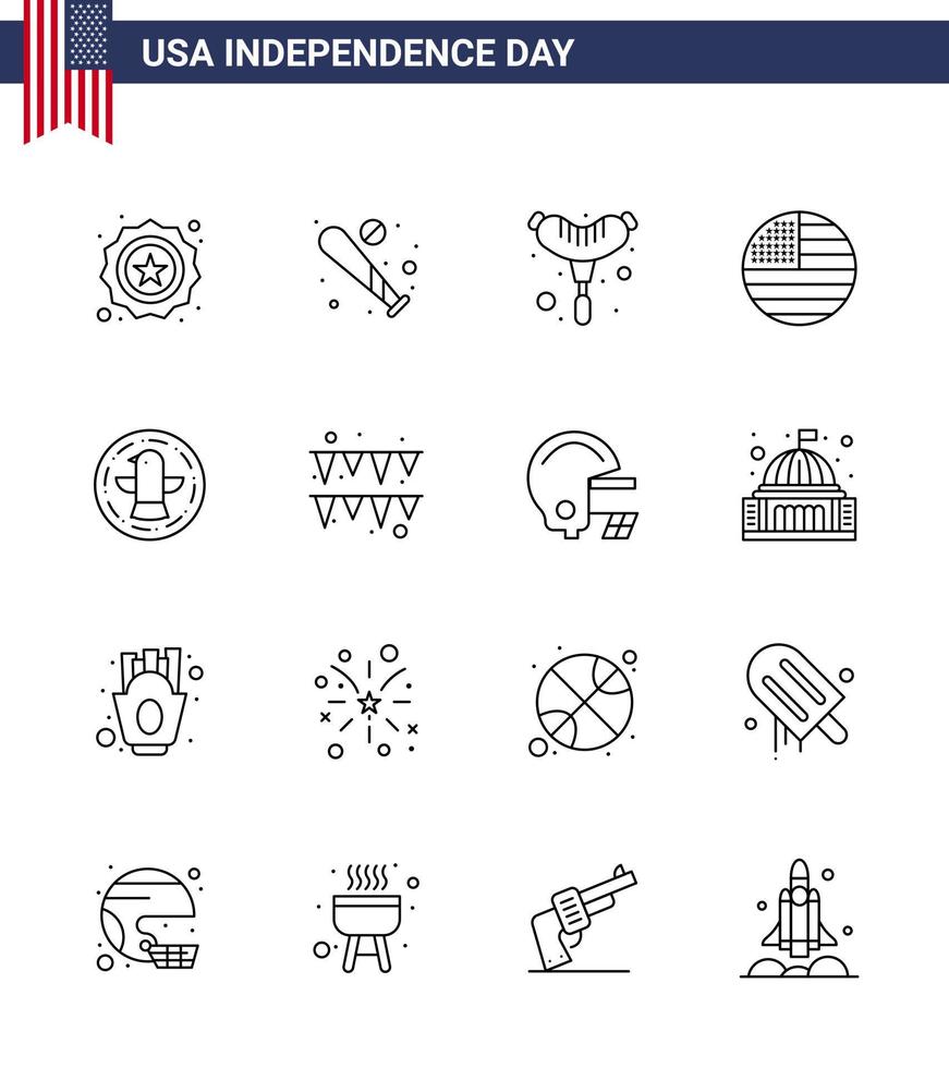 16 Linienzeichen für USA-Unabhängigkeitstag-Vogel-USA-USA-Erntedankfest-Amerikaner editierbare USA-Tag-Vektordesign-Elemente vektor
