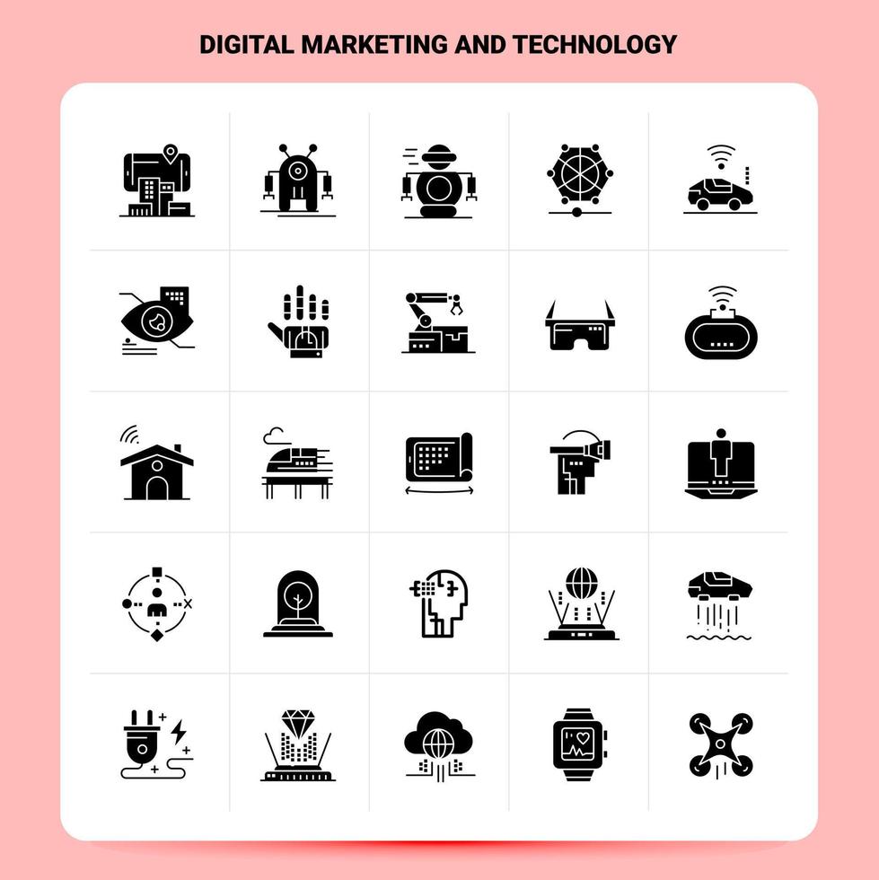 fast 25 digital marknadsföring och teknologi ikon uppsättning vektor glyf stil design svart ikoner uppsättning webb och mobil företag idéer design vektor illustration