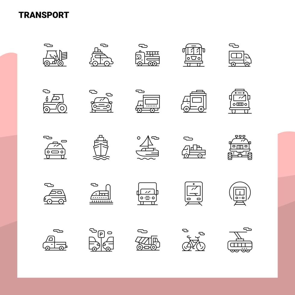 Set von Symbolen für die Transportlinie 25 Symbole Vektor Minimalismus Stil Design schwarze Symbole Set lineares Piktogrammpaket