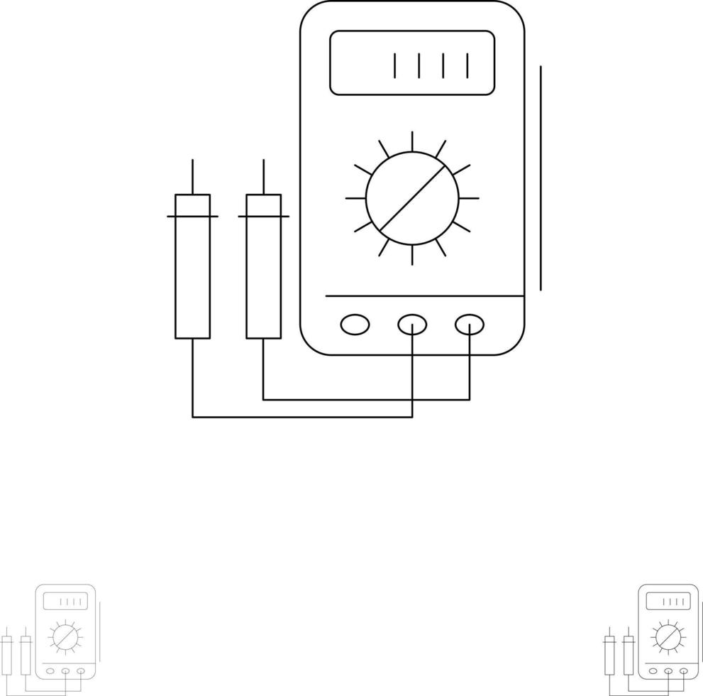 Voltmeter Ampere Watt Digitaltester Symbolsatz mit fetten und dünnen schwarzen Linien vektor