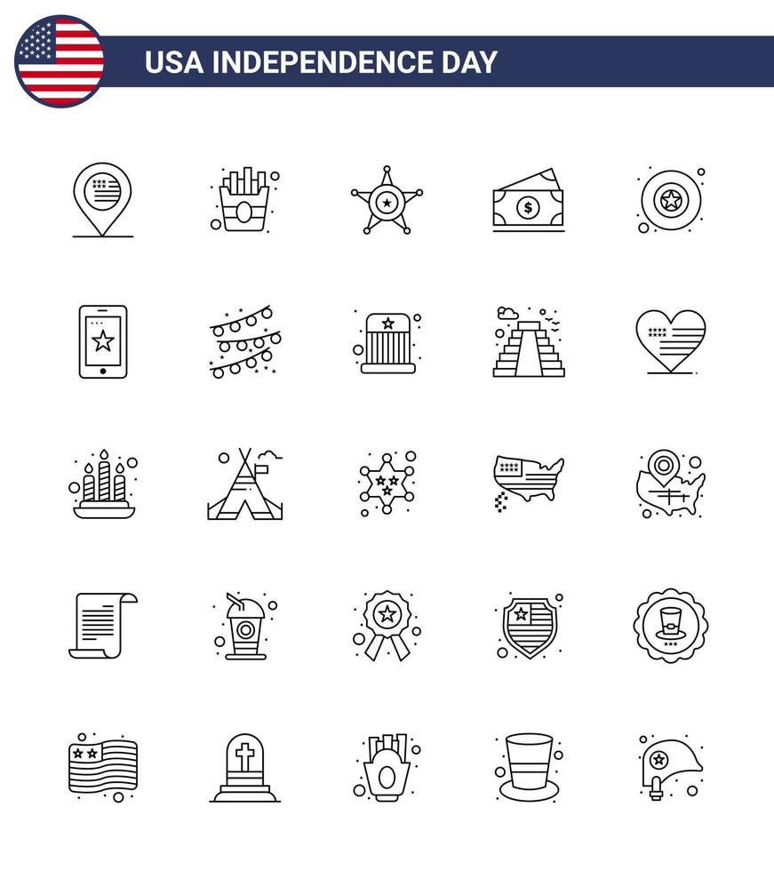 4:e juli USA Lycklig oberoende dag ikon symboler grupp av 25 modern rader av stjärna bricka polis USA pengar redigerbar USA dag vektor design element