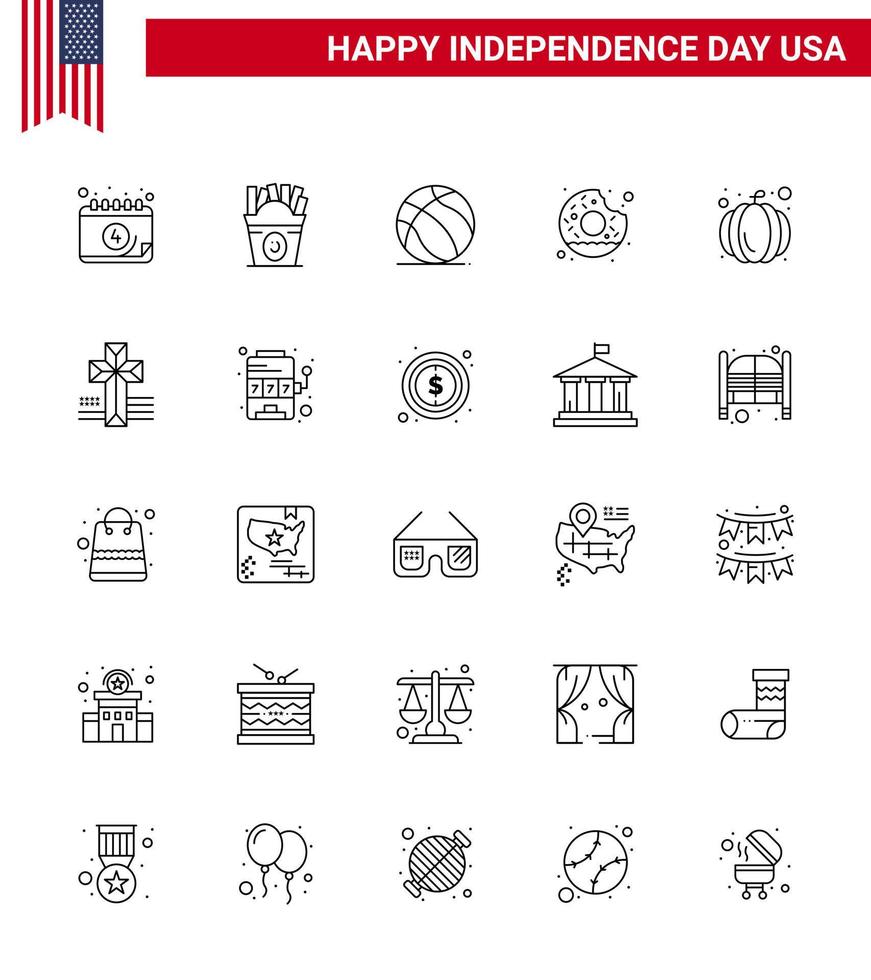 Aktienvektor-Icon-Pack mit American Day 25-Zeilenzeichen und -symbolen für Kürbisessen, Fußball, leckeren Donut, editierbare Usa-Tag-Vektordesign-Elemente vektor