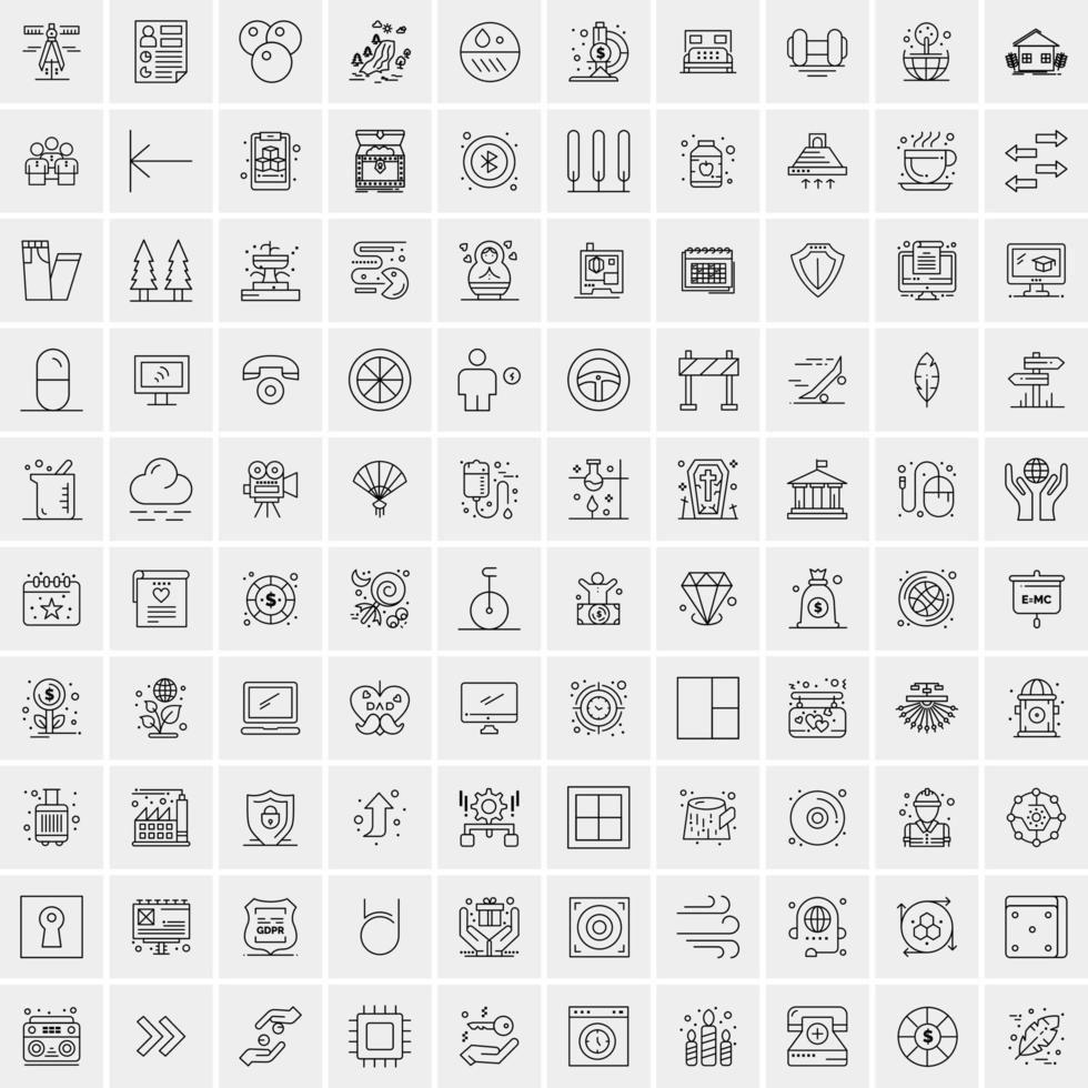 Satz von 100 universellen, modernen, dünnen Liniensymbolen für mobile und Web-Mix-Geschäftssymbole wie Pfeile, Avatare, Smileys, Geschäftswetter vektor