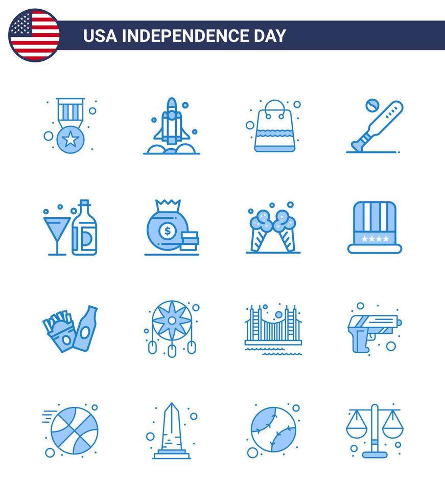 Stock Vector Icon Pack von American Day 16 Zeilenzeichen und Symbolen für Usa-Fledermaus Usa-Baseball-Shop editierbare Usa-Tag-Vektordesign-Elemente