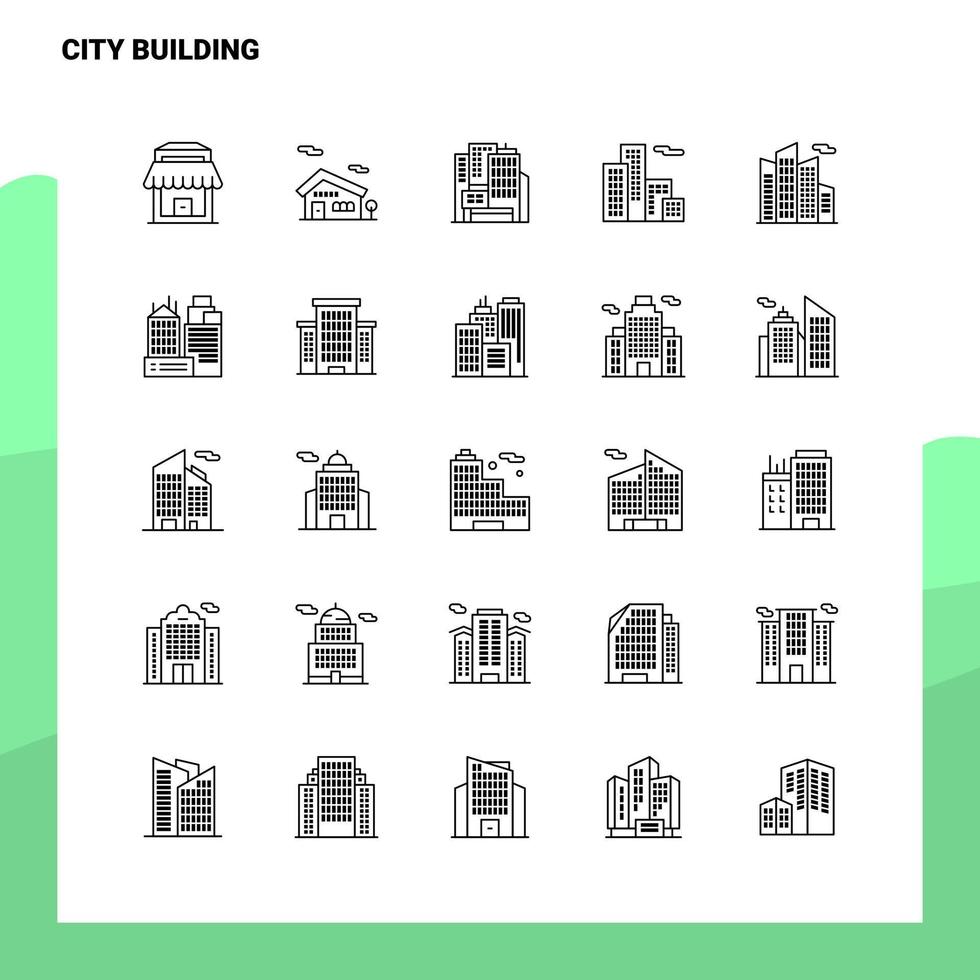 Satz von Stadtgebäuden Linie Symbolsatz 25 Symbole Vektor Minimalismus Stil Design schwarze Symbole Set lineares Piktogrammpaket