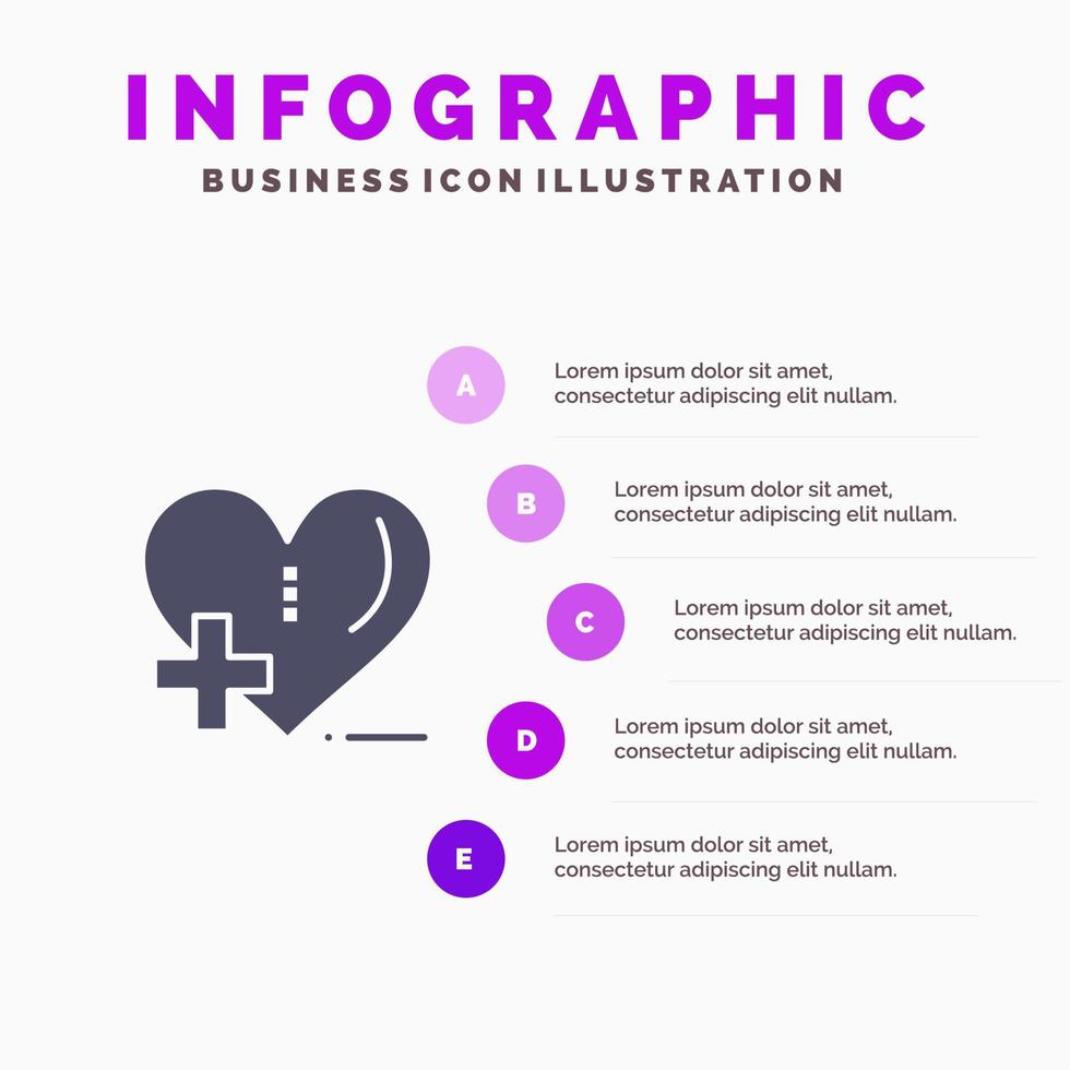 kärlek sjukvård sjukhus hjärta vård fast ikon infographics 5 steg presentation bakgrund vektor