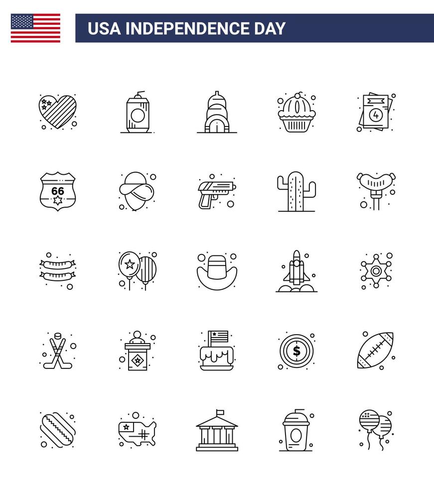 25 USA linje tecken oberoende dag firande symboler av USA inbjudan chrysler kaka muffin redigerbar USA dag vektor design element