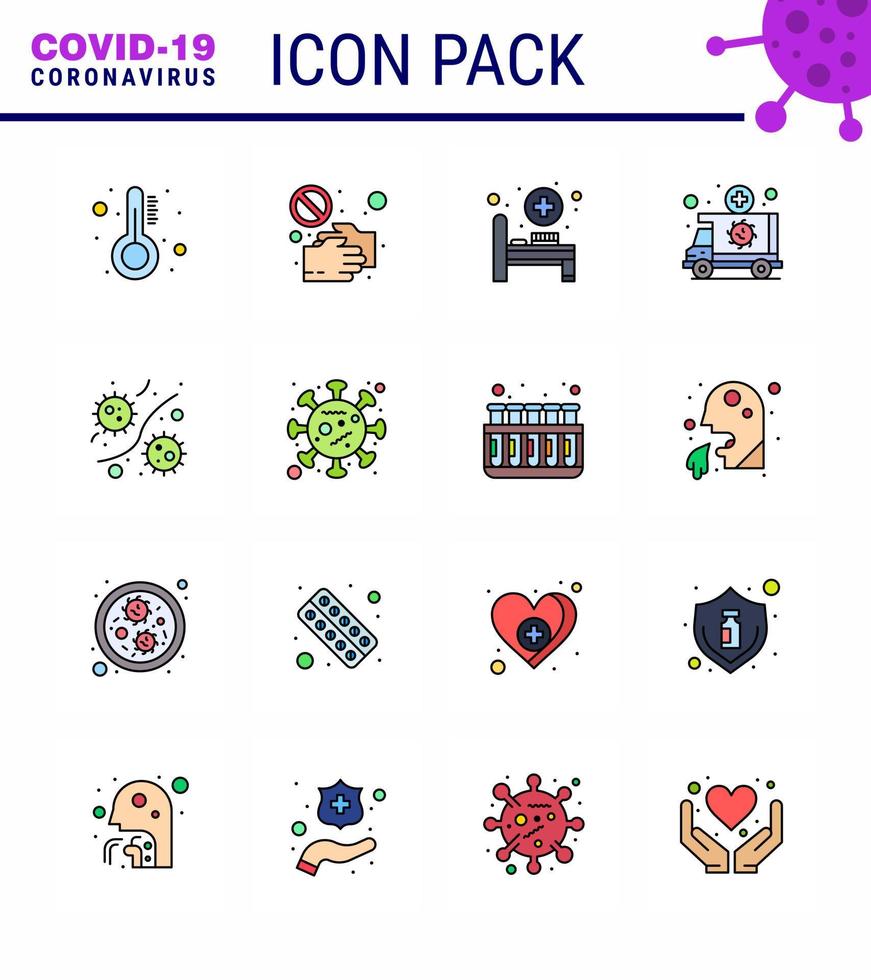 covid19-symbolsatz für infografik 16 flache farbgefüllte linienpakete wie fahrzeugmedizinische shake-hand-notfallstation virales coronavirus 2019nov-krankheitsvektor-designelemente vektor