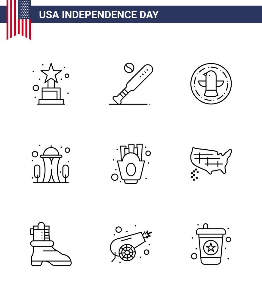 9 USA linje tecken oberoende dag firande symboler av franska frites Plats amerikan nål byggnad redigerbar USA dag vektor design element