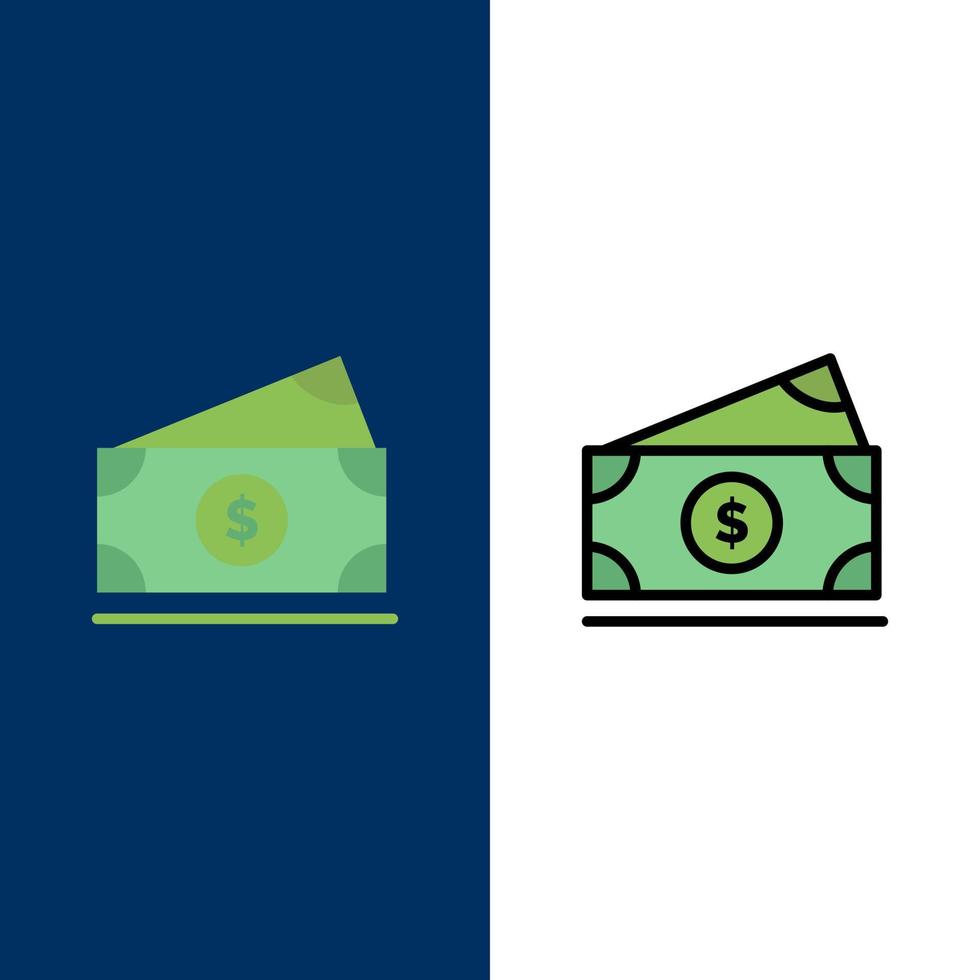 Dollar Geld amerikanische Usa Symbole flach und Linie gefüllt Symbolsatz Vektor blauen Hintergrund