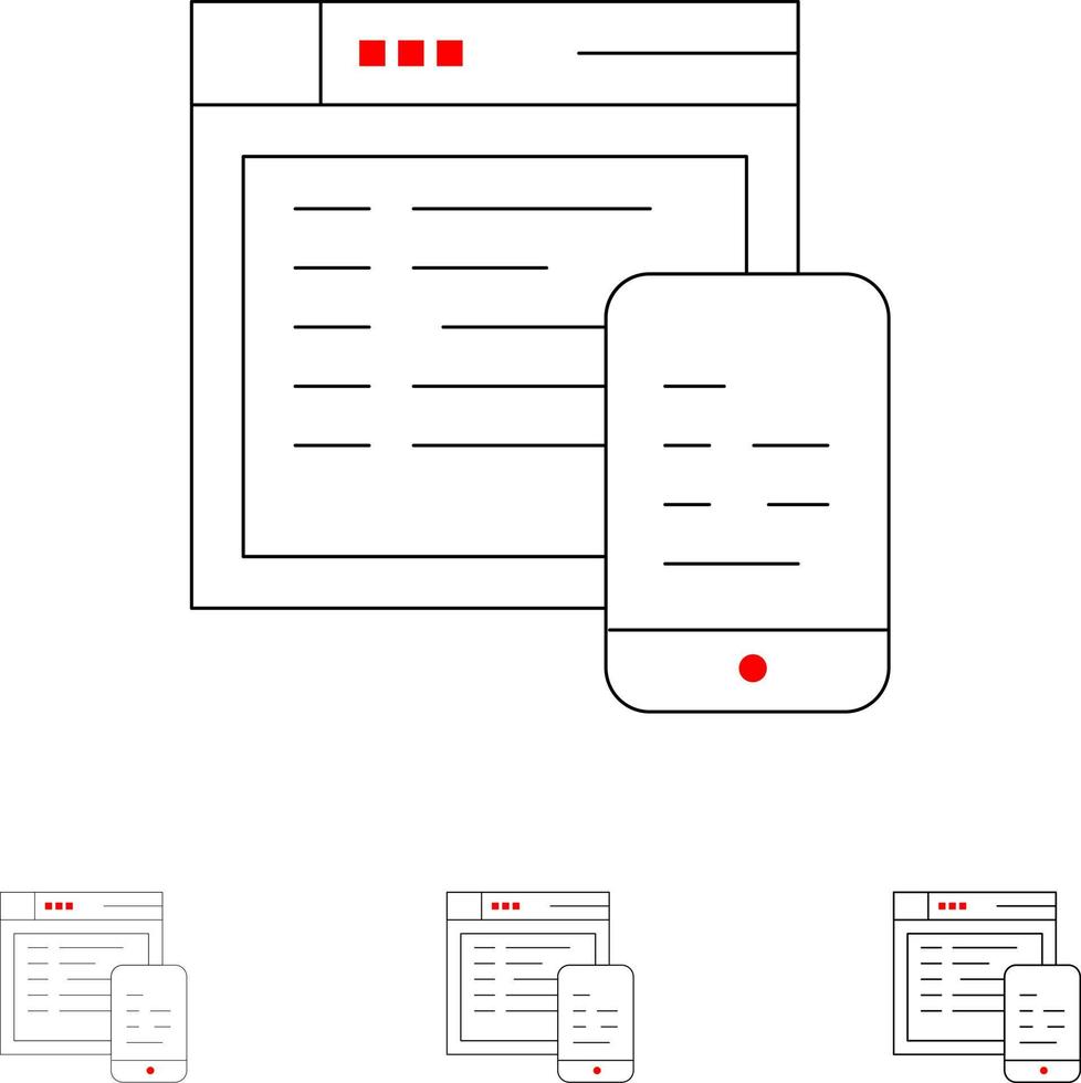 Responsive Design Website Mobile Fett und dünne schwarze Linie Symbolsatz vektor