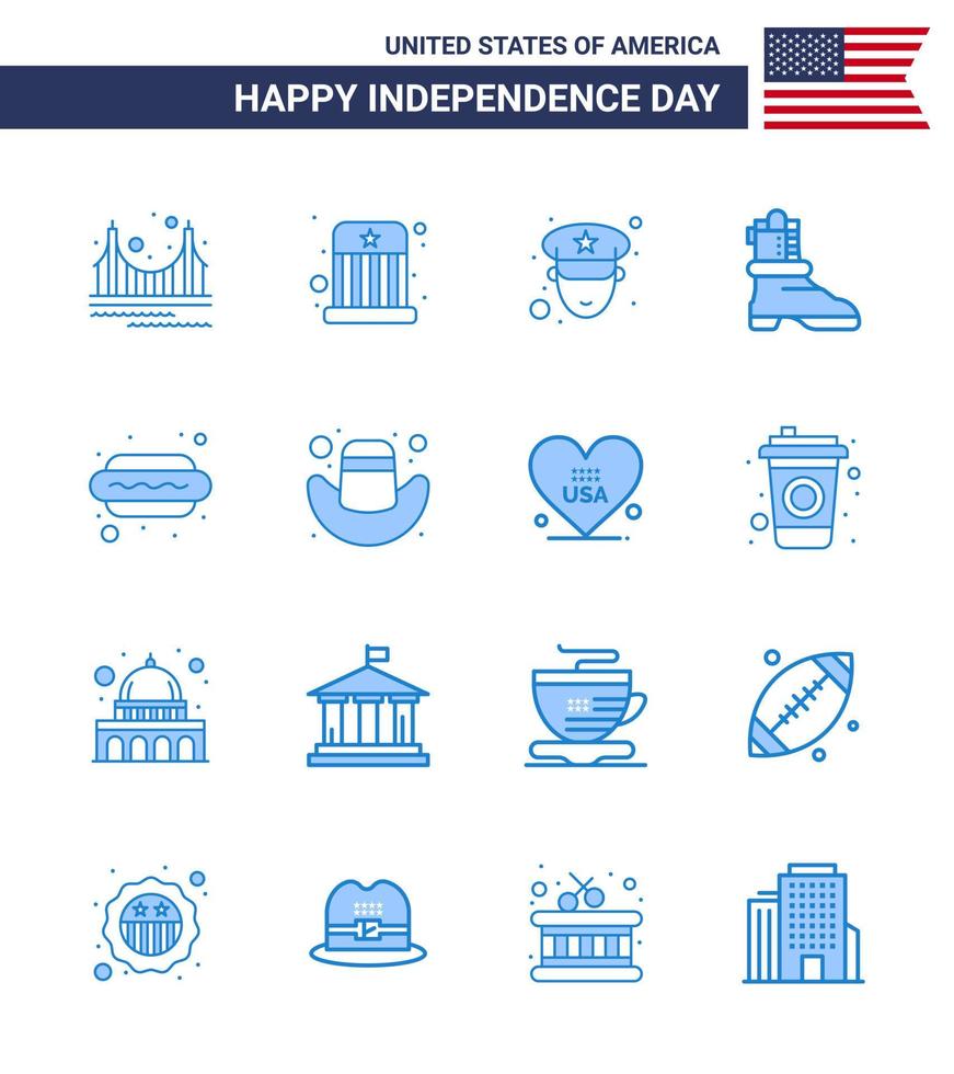 Happy Independence Day Pack mit 16 Blues-Zeichen und Symbolen für Food Hot Dog Hat American Shose editierbare Usa-Day-Vektordesign-Elemente vektor