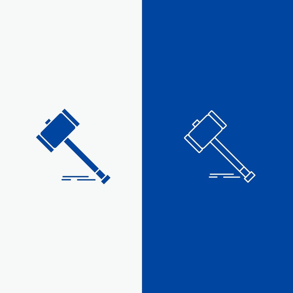 Aktion Auktionsgericht Hammer Hammer Gesetz Rechtslinie und Glyphe solides Symbol blaues Banner Linie und Glyphe solides Symbol blaues Banner vektor