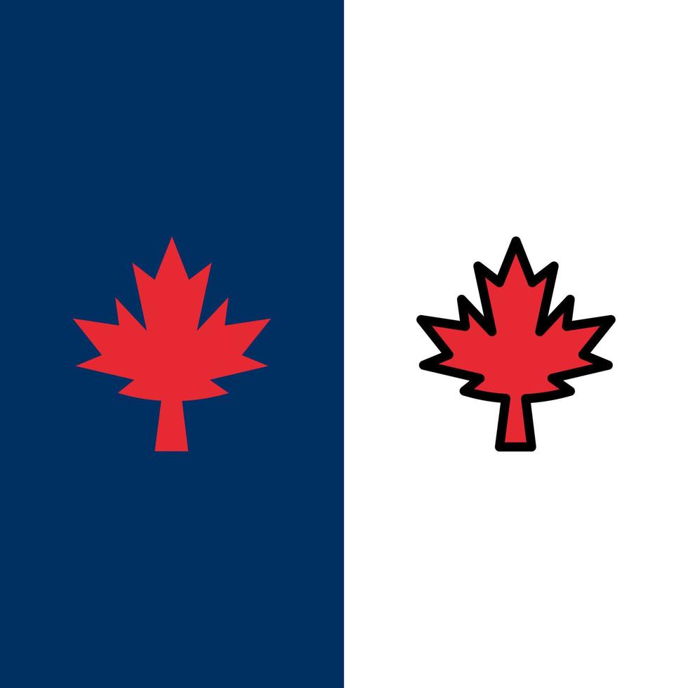 Kanada-Blatt-Ahorn-Symbole flach und Linie gefüllt Symbolsatz Vektor blauen Hintergrund